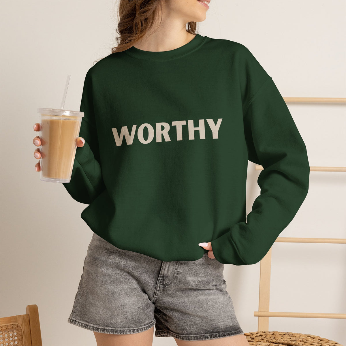 Worthy Crewneck Sweatshirt — Bold Affirmation Graphic Pullover